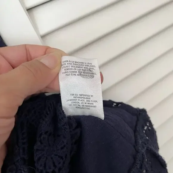 Anthropologie Meadow Rue Navy Blue blouse size M crochet eyelet scalloped hem - Picture 7 of 7